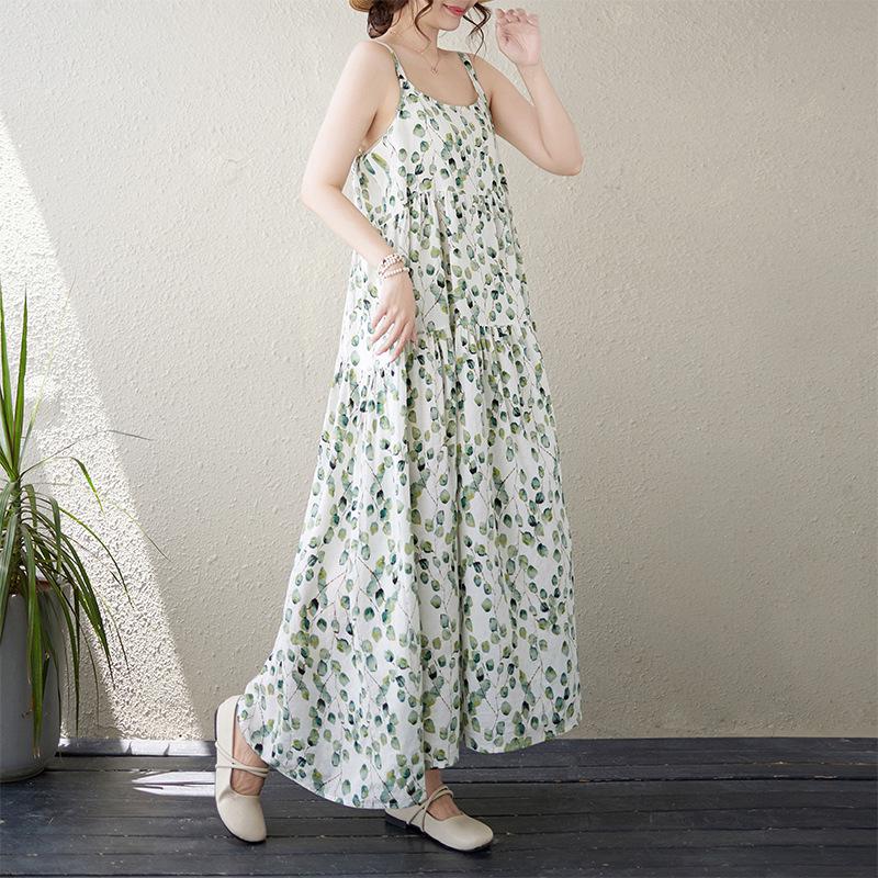2024 Sommer Baumwolle Leinen Spaghettiträger Blumen Maxikleid