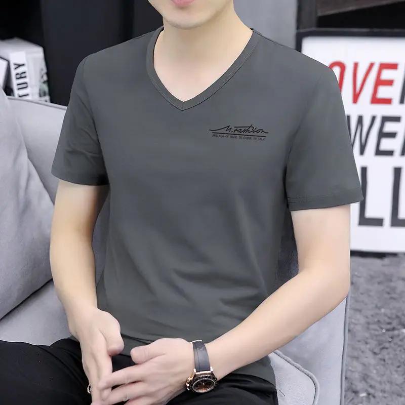 Top V Neck Streetwear Blue Clothing Alphabet Man Tee Shirts Smooth T Shirt for Men Summer Chic Fashion Hot High Quality Xl S