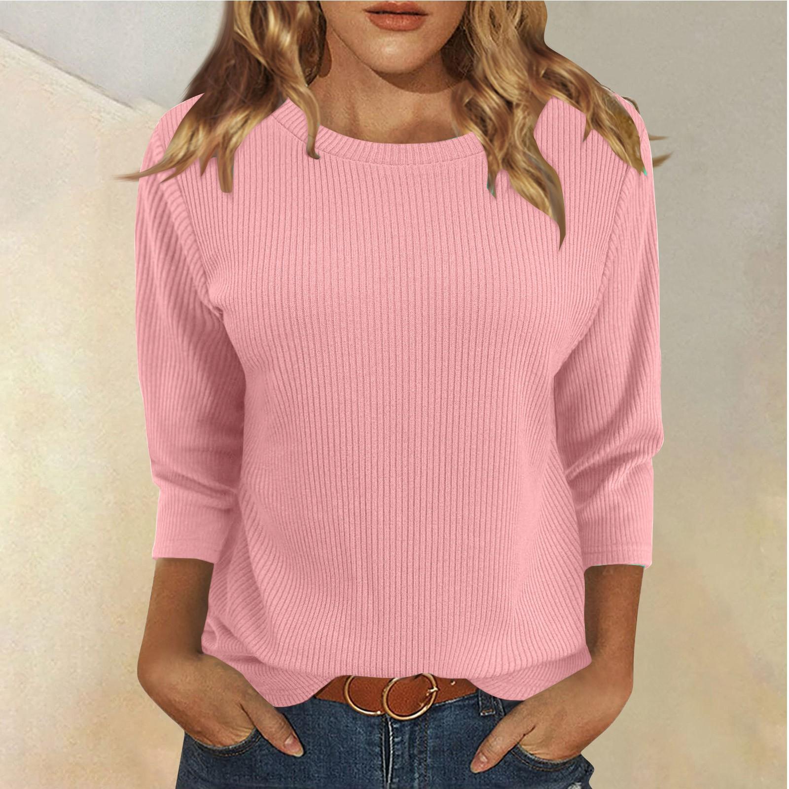 

Женская модная и зимняя повседневная футболка с круглым вырезом и рубчиком, однотонная, с рукавом три четверти, женская одежда S розовый