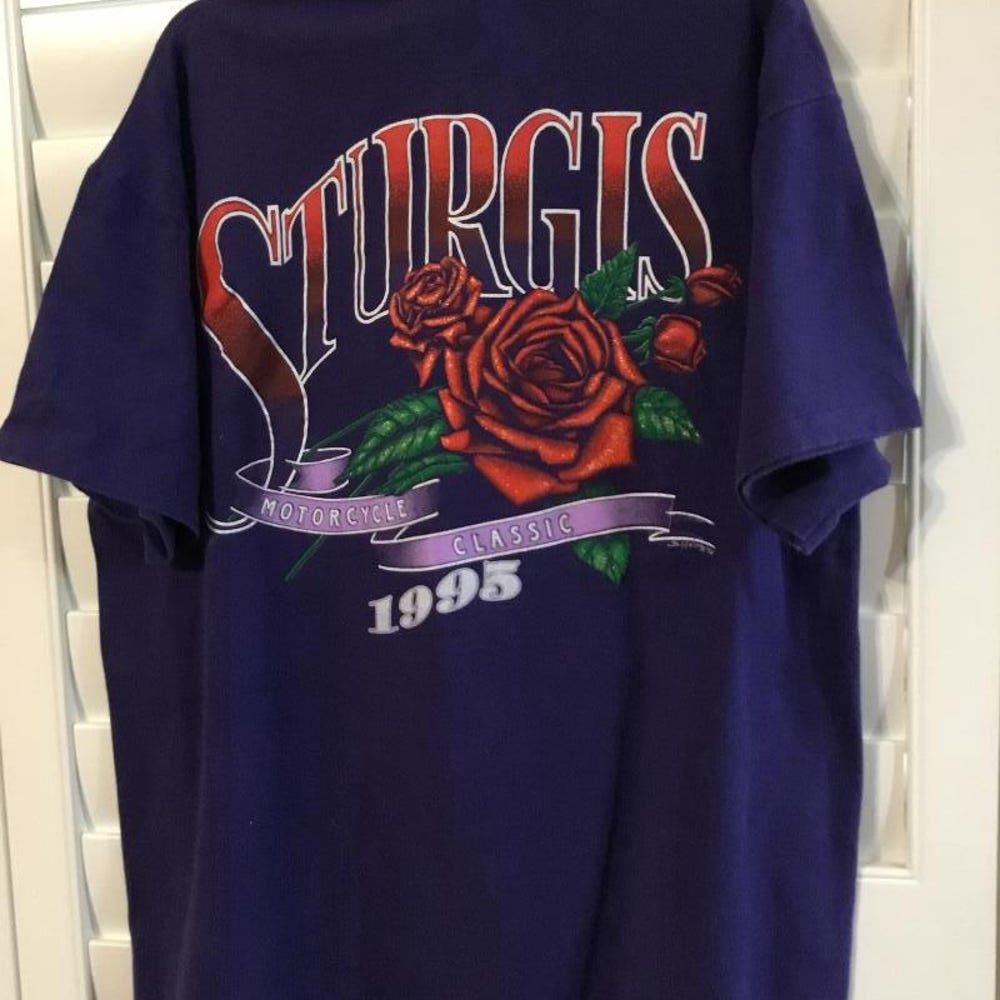Vintage Sturgis Harley Davidson Motorcycle Rally Purple T Shirt. Iconic Sturgis Motorcycle Classic Rally Red Glitter Rose Two Sided T Shirt XXXL