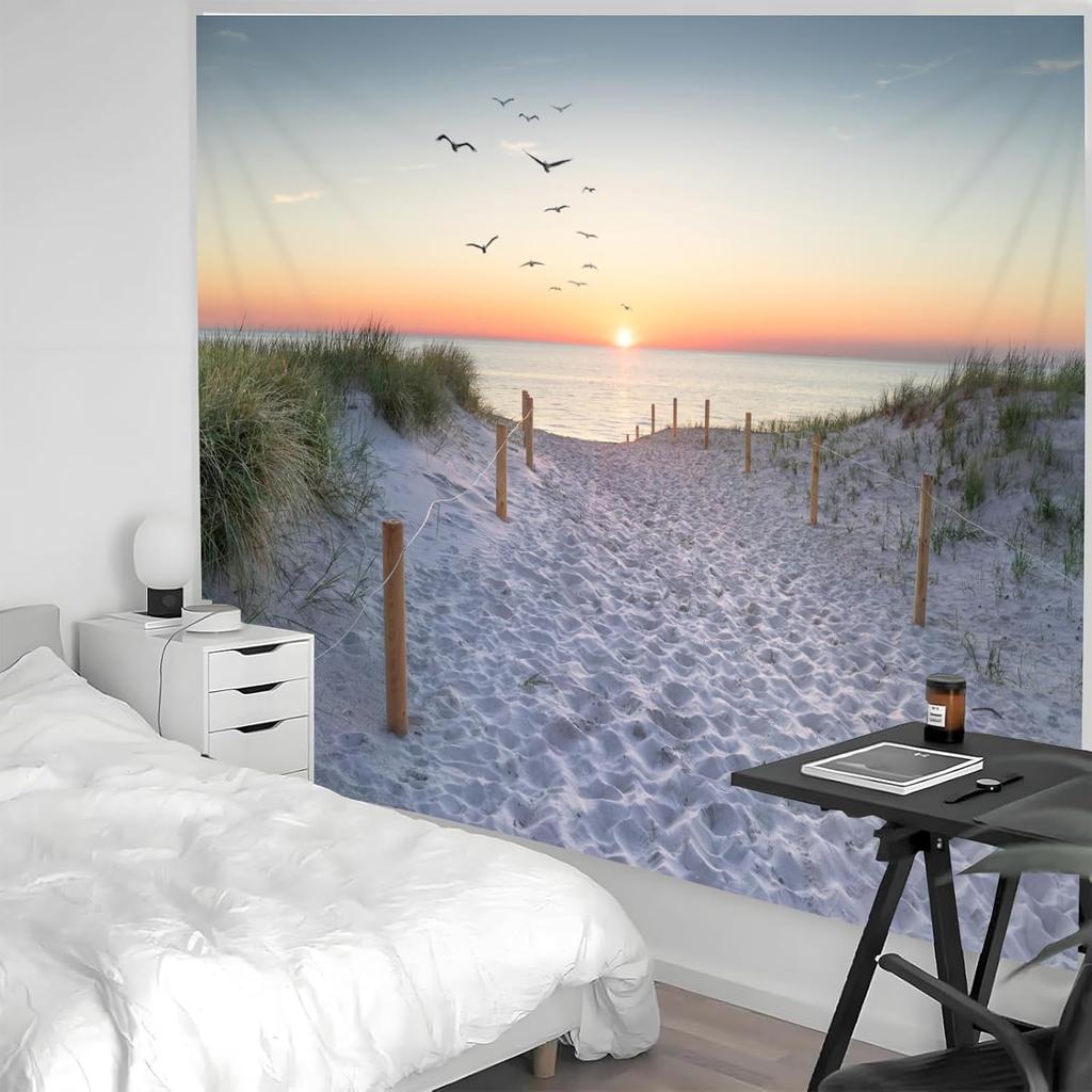 TUGCAY Ocean Beach Tapestry Sunset Seabird Seaside with Grass Wall Hanging Tapestries Nature Landscape Tapestry for Bedroom Living Room Dorm Decor,