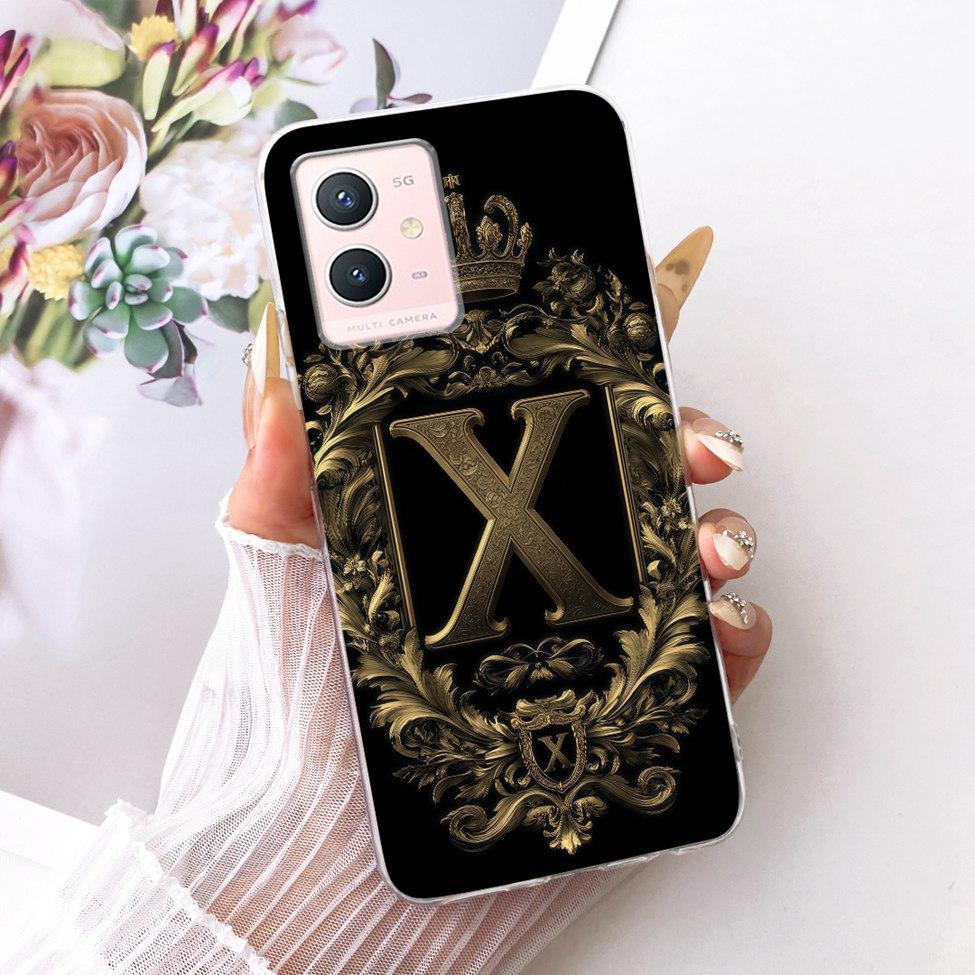For Vivo Y33s 5G Case Cover Transparent Luxury Crown A-Z Letters 2D Flat Pattern Soft Phone Case For Vivo V2166A