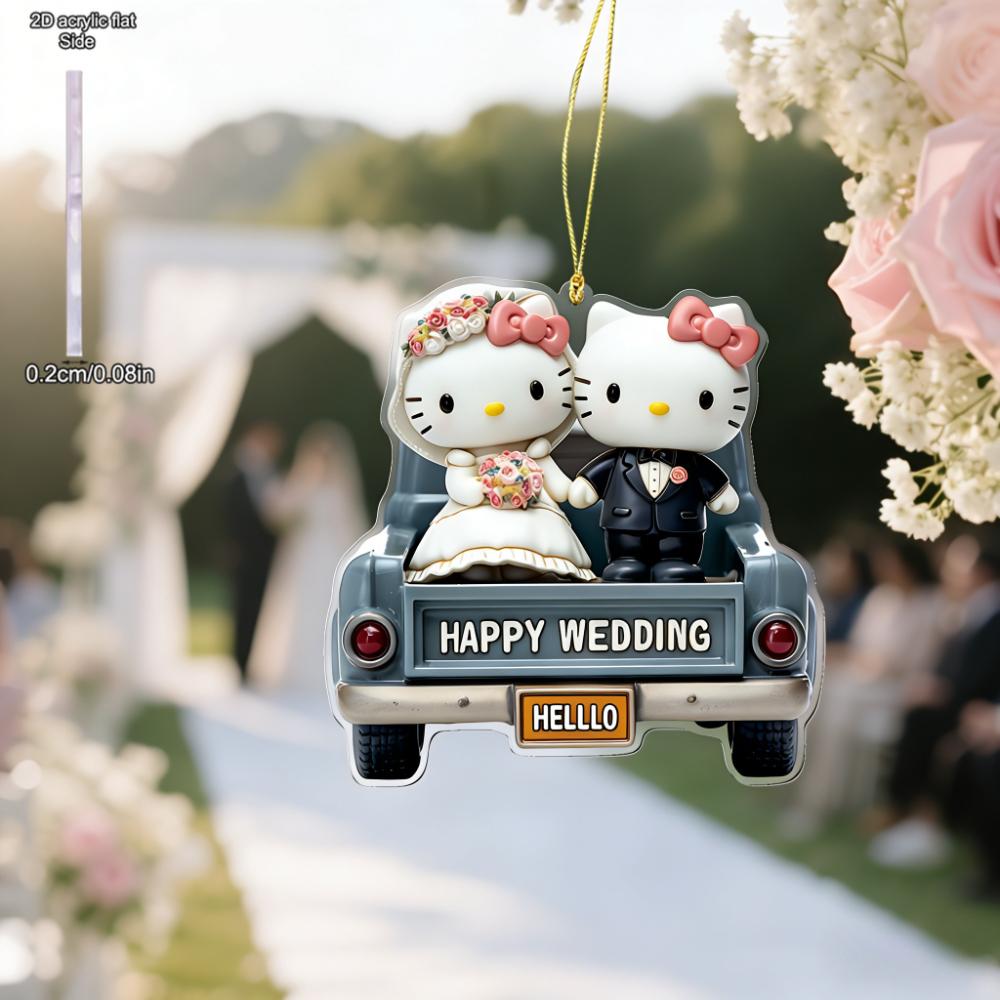 Ciondolo Acrilico Coppia di Sposi Hello Kitty - Design Romantico Sposo e Sposa con Cartello 'Sweet Home', Perfetto per Specchietto Retrovisore dell'Auto