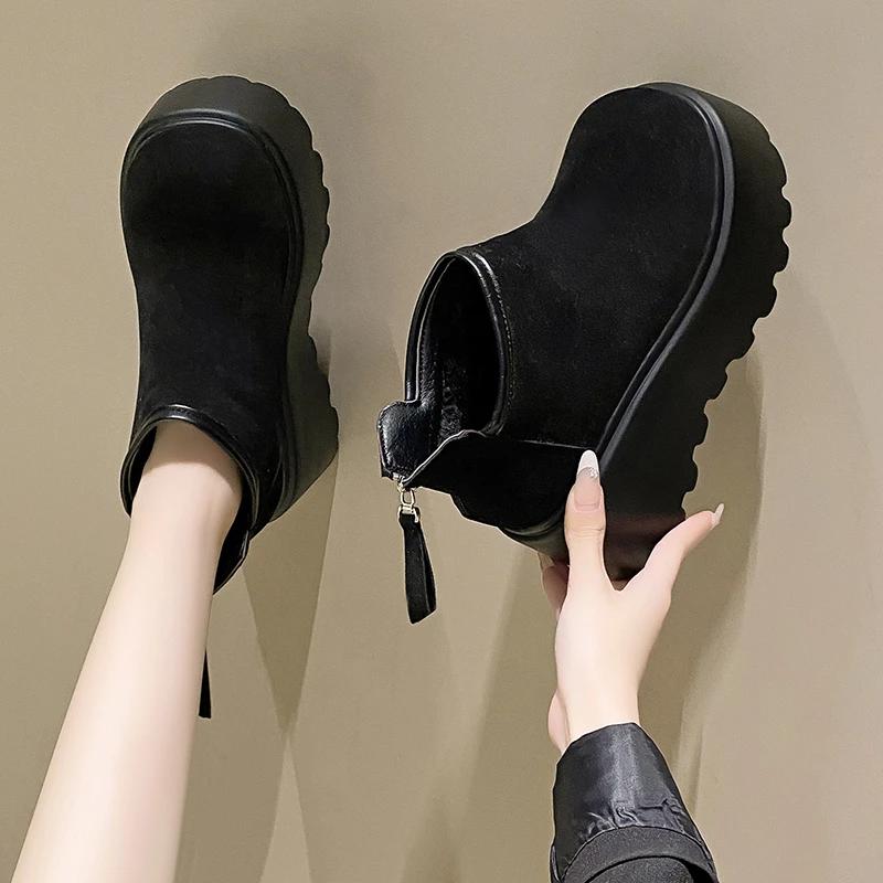 Moda 8CM Zamszowe Platformowe Damskie Śniegowce do Kostki Projektant Klamra Wysokie Obcasy Buty Trend Moda Nowe Gladiator Zima Botas De Mujer