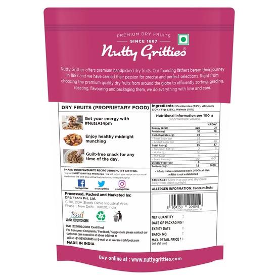 Nutty Gritties Mix Dry Fruits Blend 200g- California Almonds, Walnuts, Figs and Cranberries, Healthy Snacks for Kids and Adults