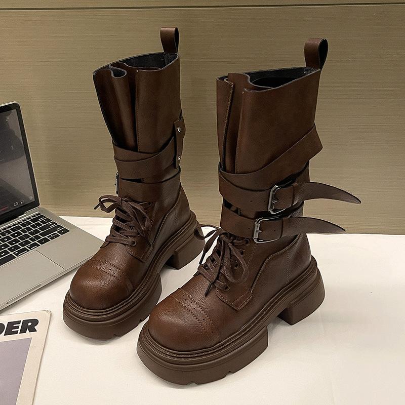 

British style lace-up buckle retro fashion Martin boots women s 2025 autumn and winter new locomotive boots thick heel boots 40 коричневый