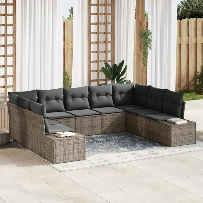 VidaXL Canapé de jardin 9 pièces avec coussins en poly rattan gris 3347219