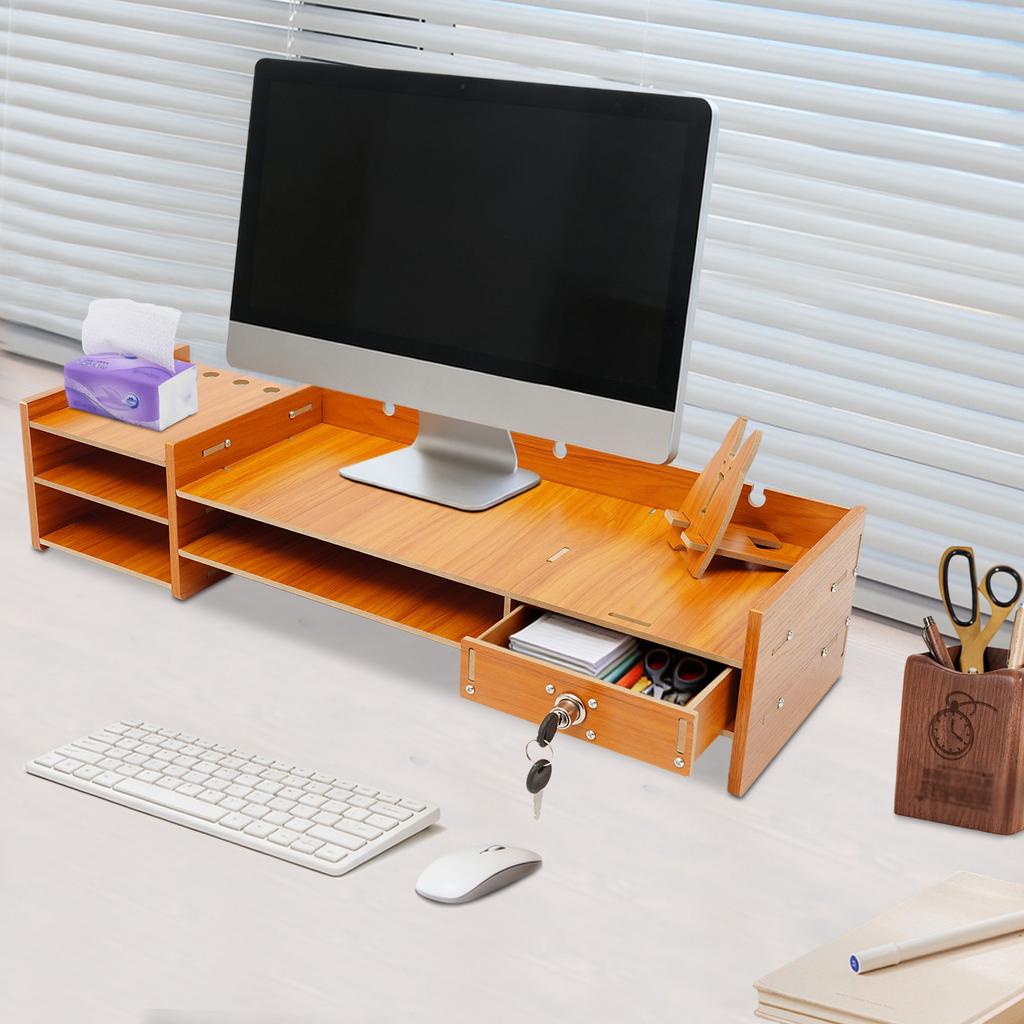 Nowoczesny Drewniany Stojak na Monitor z Zamykaną Szufladą i Uchwytem na Telefon, Oszczędzający Miejsce Organizer MDF na Biurko do Domowego Biura, Łatwy Montaż