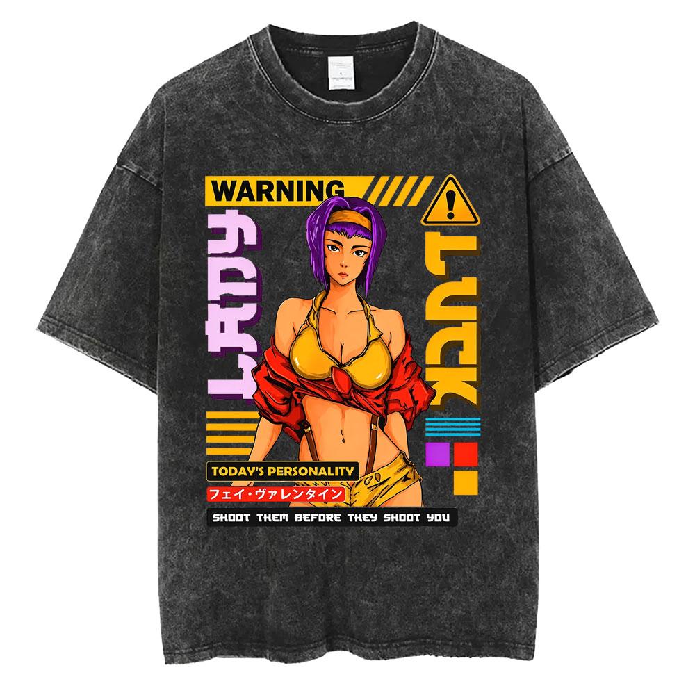 Anime Cowboy Bebop Vintage Washed T-shirt Manga Faye Valentine Print T-shirts Hip Hop Cartoon Retro Oversized T Shirts Unisex