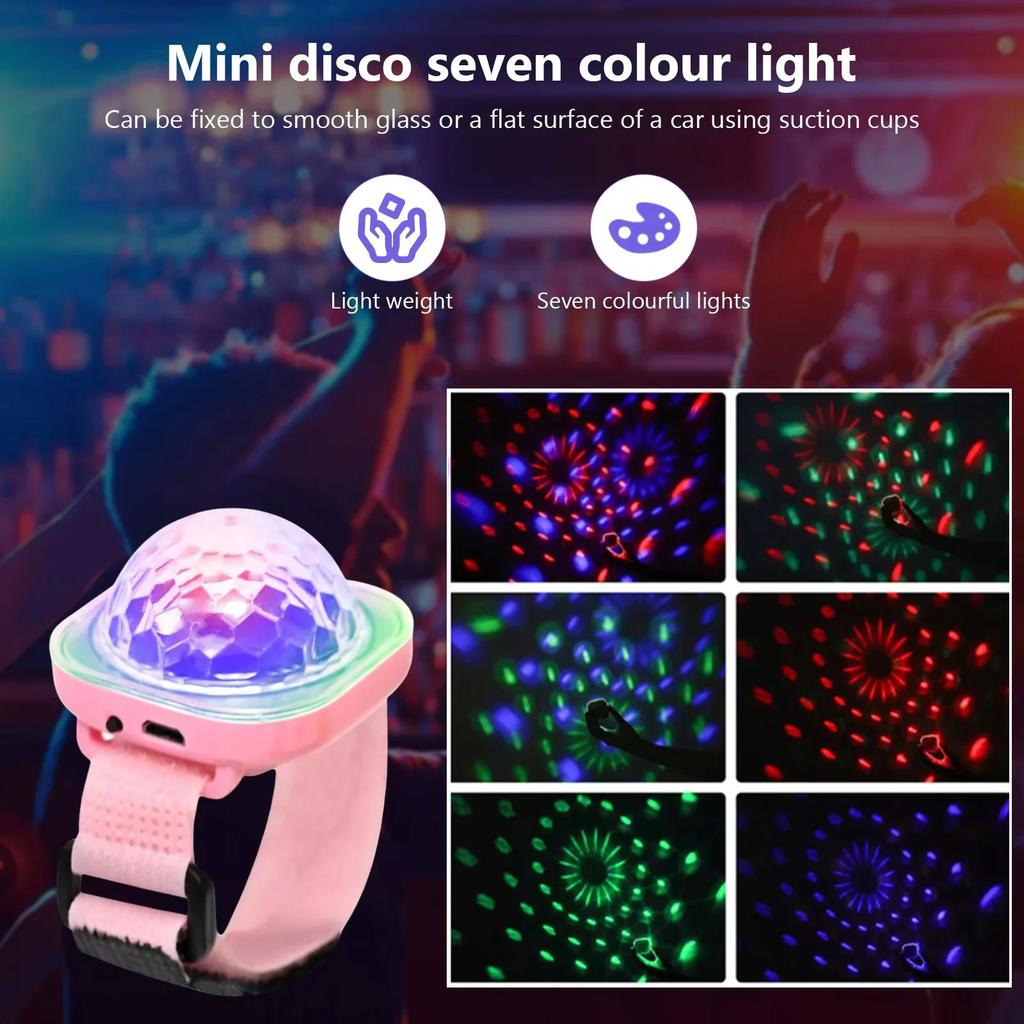 USB Rechargeable LED Wristband Disco Ball Light with Suction Cup Sound Control Mini Stage Light for Party Car KTV Kids Decor
