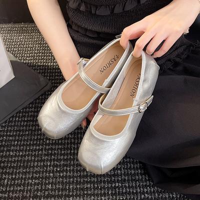 Temperamentvoll modische kleine Lederschuhe einfache Ein-Wort-Schnalle Mary-Jane-Schuhe Retro-Quadratspitze weiches Leder weiche Sohle flache Sohle einzelne Schuhe