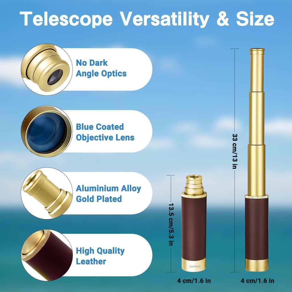 Laupha Pirate Vintage Cosplay Pirates of the Collectible with Pocket Compass Telescope, Monocular, 25x30mm, Extendable, Compact, Portable, Kids'