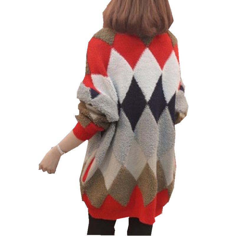 Cardigan in Maglia con Scollo a V a Blocchi di Colore e Motivo a Diamanti 2023 - Stile Coreano, Dimagrante, Vestibilità Larga per Primavera/Autunno.