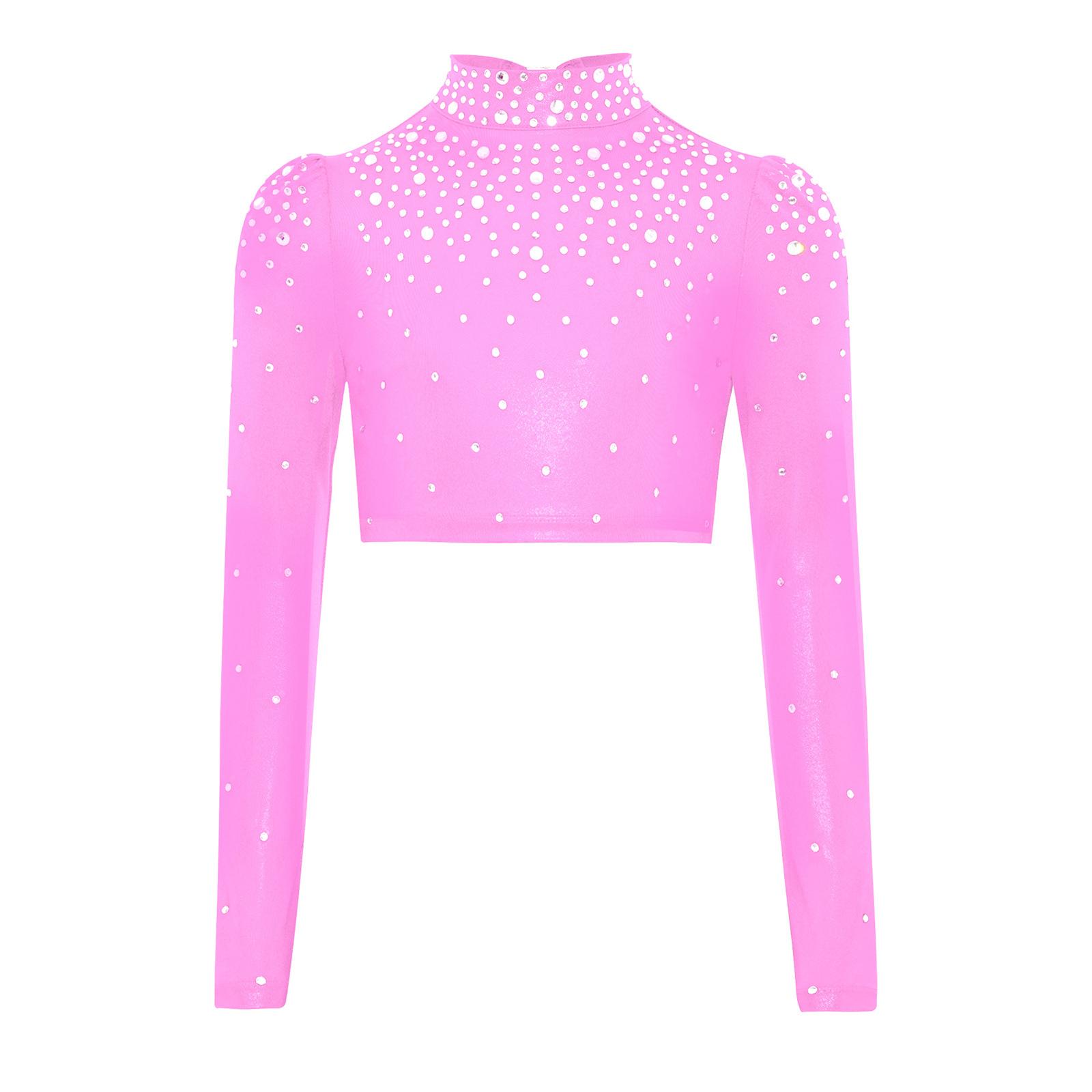 

Дівчачий топ з довгим рукавом і коміром-стійкою, з вирізом-краплею на спині, металізований, з блискучими стразами, кроп-топ для джазового танцю 11-12 Years