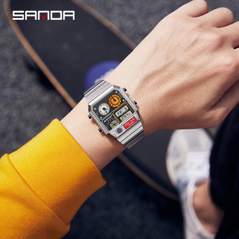 Relógio Masculino Digital LED SANDA 3192 Mostrador Quadrado Duplo Display Multifuncional Medição de Temperatura Esportivo Masculino de Pulso Presente