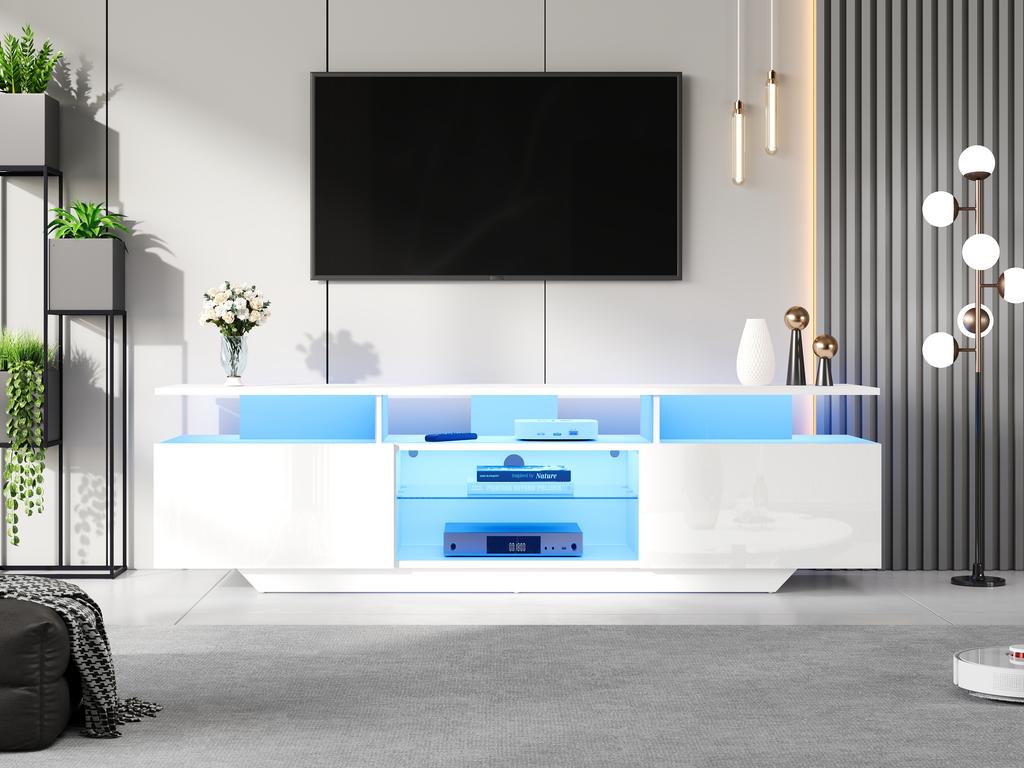 160*40*45cm TV Stand with 2 Cabinets, High-Gloss TV Cabinet with LED Light Strip, Modern TV Entertainment Center with 8 Shelves, MDF, 70-Inch TV