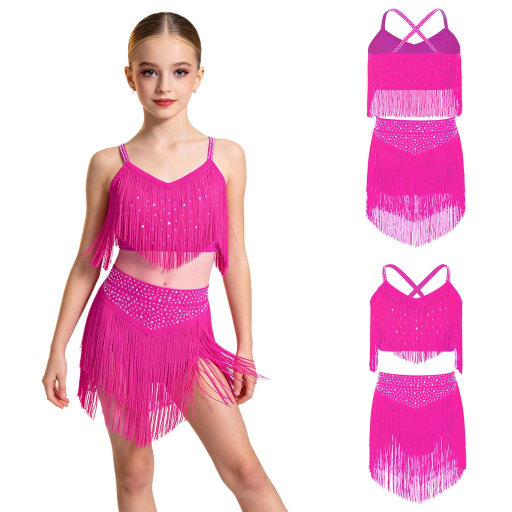 Girls V Neck Sleeveless Latin Dance Crop Top with Crisscross Back Spaghetti Straps Rhinestone Fringe and Tiered Tassel Skirt for Stage