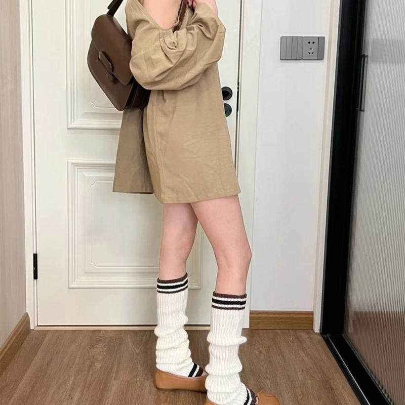 Student Vintage Double Striped Ribbed Knit Leg Warmers Slouch Leg Covers Boot Cuffs Stretchy Long Boot Socks for Women
