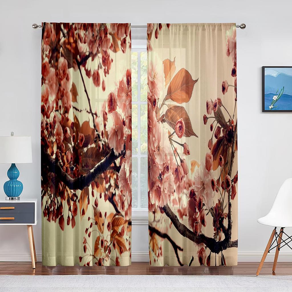Blommande Träd Körsbärsblom Lila Gul Vita Blommor Skir Voilegardin för Vardagsrum Sovrum Inredning Tyllgardiner Draperier