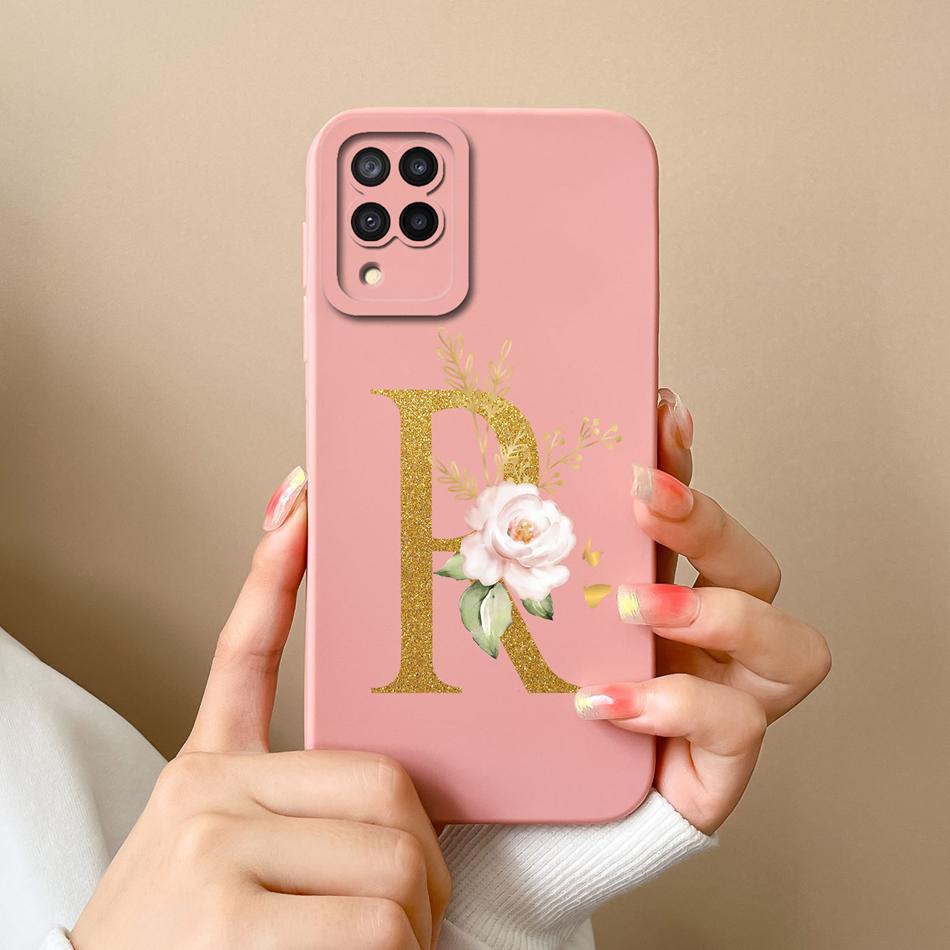 Elegant Case For Samsung M22 M32 4G 5G Rose Letter Phone Shell Lens Protective Cover For Galaxy M32 M22 Liquid Silicone Bumper