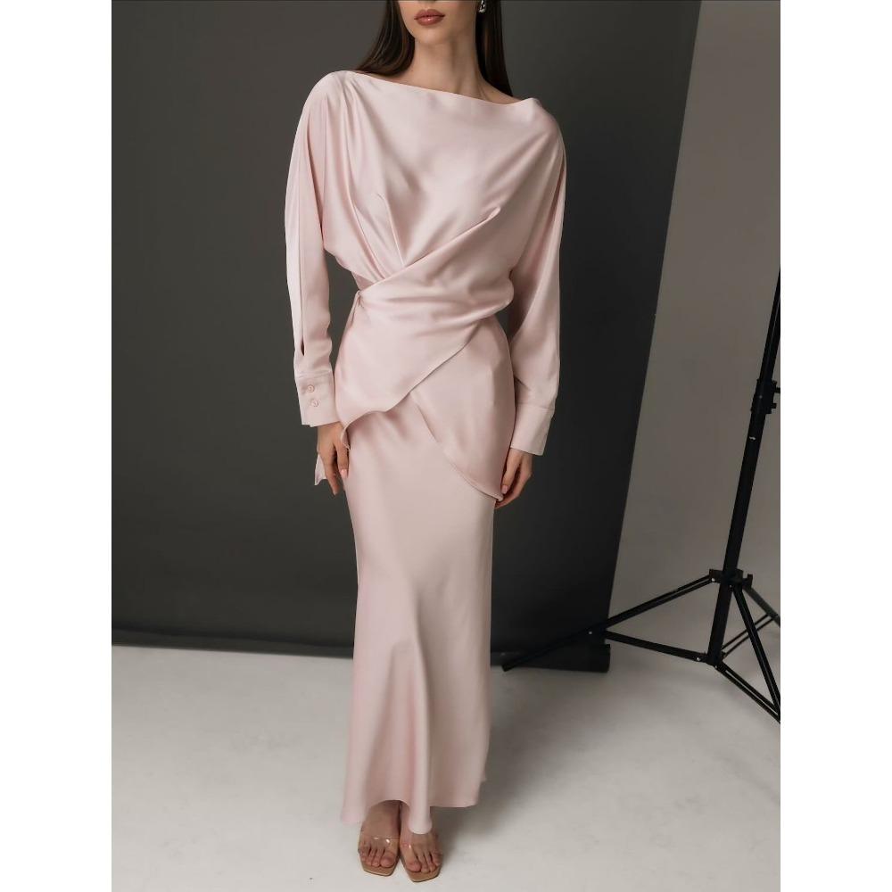 Women's Loose Skirt Suit Long Sleeve Blouse Elastic Waist Mermaid Skirt Satin Solid Elegant Two Piece Party Matching Set