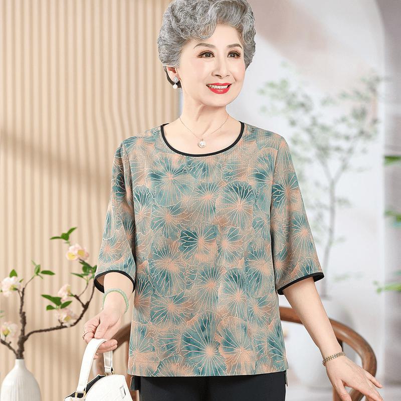 Yu Zhaolin Women s Mid-Aged Floral 3/4 Sleeve Round Neck Top XL