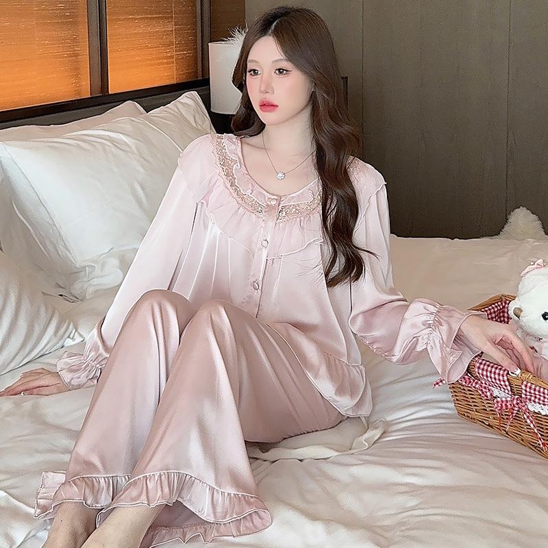 Pure desire wind sweet princess pajamas women's spring and autumn new ice silk French lace long-sleeved loungewear