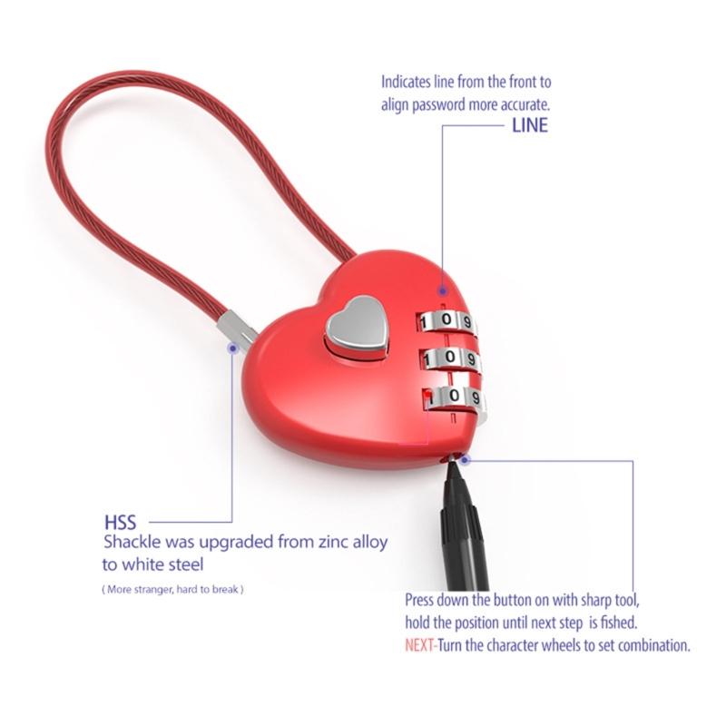 Zinc Alloy Wire Rope Password Lock Mini Love Heart Shape Password Padlock Travel Luggage Package Password Lock