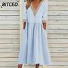Fashion Summer Spring Solid Color Print 1/2 Sleeves V-Neck Casual Dresses