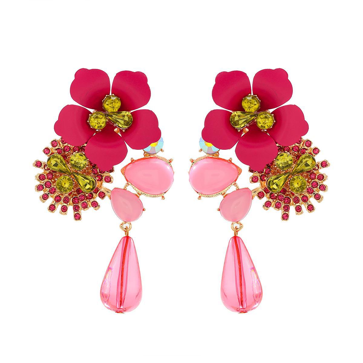 

Retro Resin Flower and Diamond Earrings for Women - Autumn/Winter Collection null рожевий червоний колір