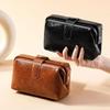 Fashion Vintage PU Leather Cosmetic Bag for Women Girl Solid Color Button Coin Purse Large Capacity Makeup Case Waterproof