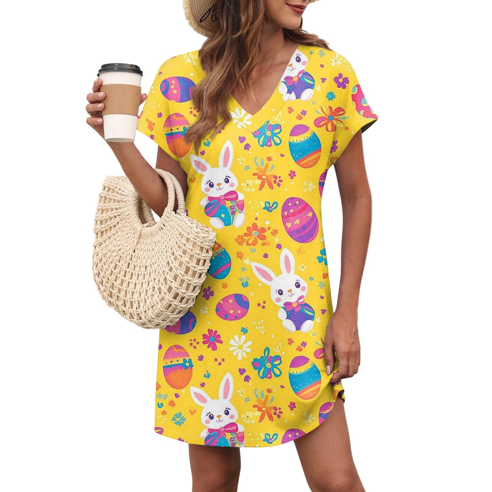 

Женское Повседневное Модное Сексуальное Платье с V-образным вырезом, Закрытыми рукавами, Поясом, Карманом и Пасхальным принтом L армия зеленый