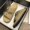 Fashion Slippers Leather Women Loafers Soft Wood Sole Clip-on Vulcanized Slides Women Eva Outsole Arch Support Loose-fit Slippers Woman