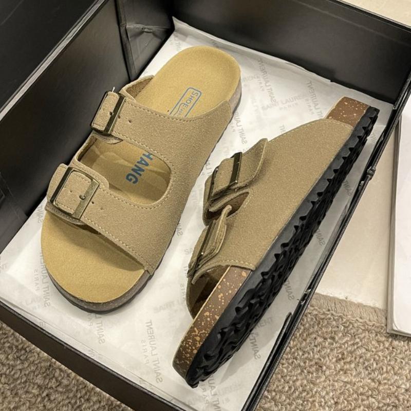 Fashion Slippers Leather Women Loafers Soft Wood Sole Clip-on Vulcanized Slides Women Eva Outsole Arch Support Loose-fit Slippers Woman