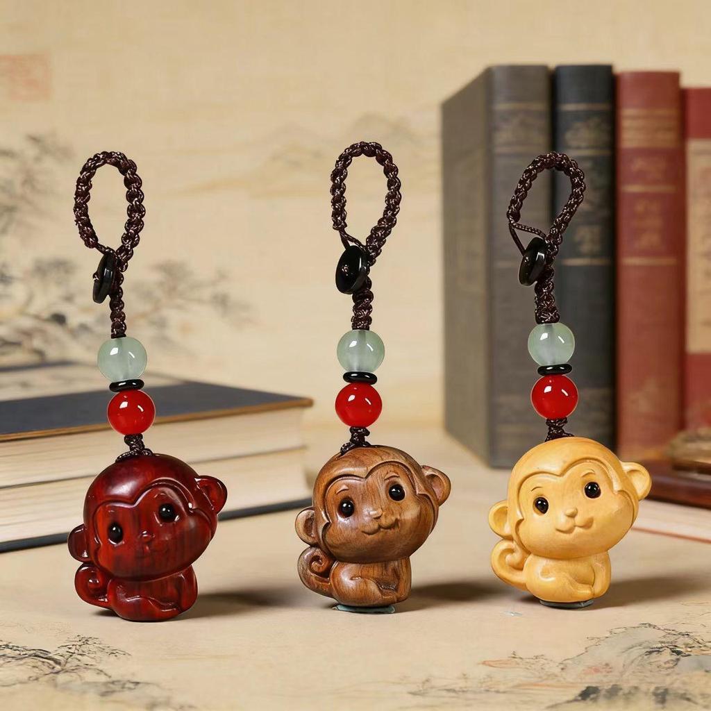 Sandalwood Zodiac Monkey Keychain Pendant – Retro Creative Phone Chain & Safety Ornament