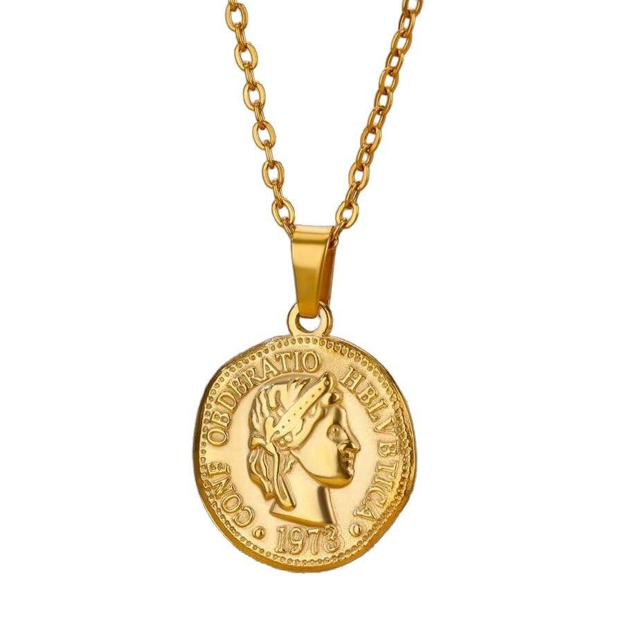 Portrait Coin Angel Retro Pendant Necklace Women's Accessories Versatile Titanium Steel Gold Plated New Middle and Ancient Style