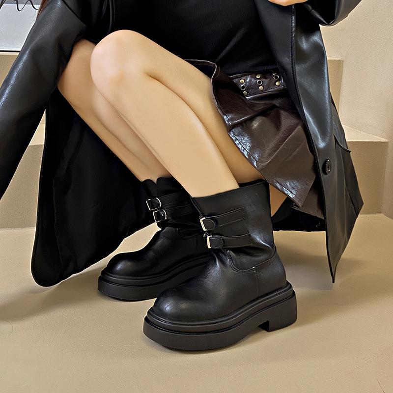Leather fashionable belt buckle heightened platform locomotive short boots women's autumn and winter new medium and high leather boots knight boots