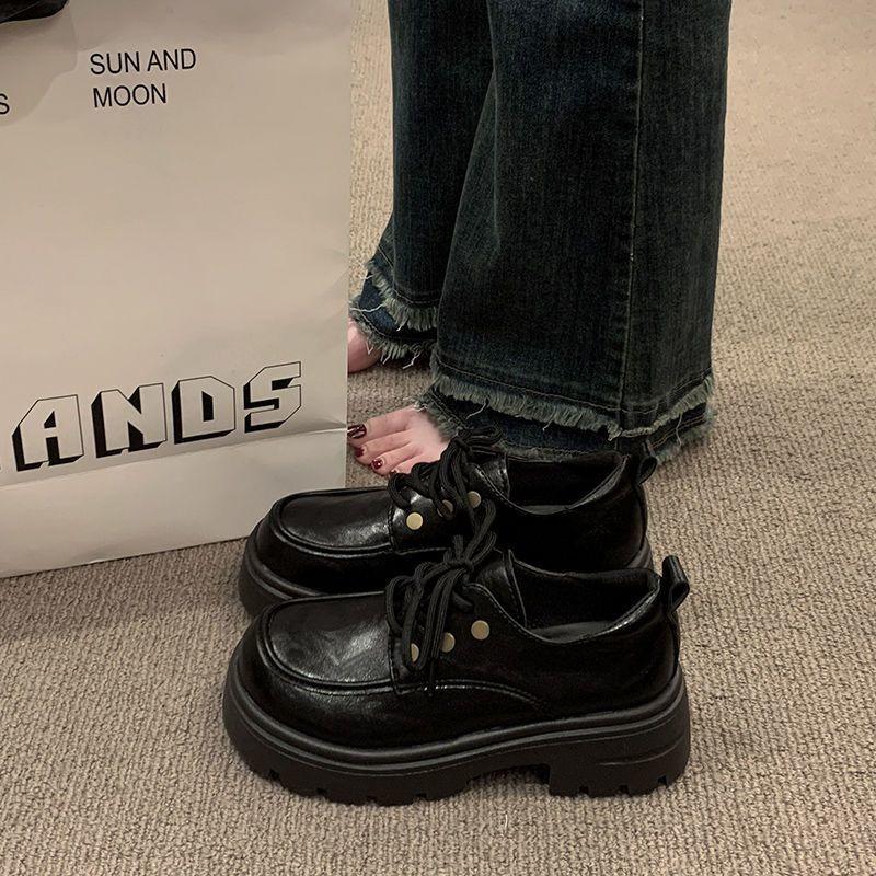 2025Scarpe da Donna Stile Britannico Scarpe in Pelle Piccole Punta Rotonda Suola Spessa Scarpe Mary Jane Scarpe Singole Casual da Donna Mocassini Stringati