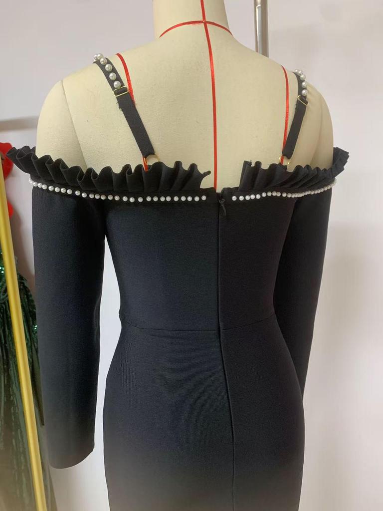 Elegant Black Rhinestone Long Sleeve Bandage Evening Dress