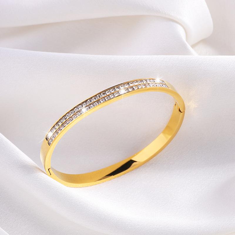 Women Golden Double Row Diamond Bracelet Korean Version of Simple and Luxurious Non Fading Diamond Inlaid Bracelet