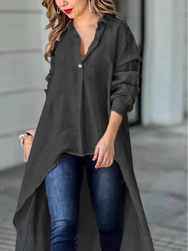 Women's Autumn/Winter Solid Color V-Neck Long Sleeve Irregular Long Shirt