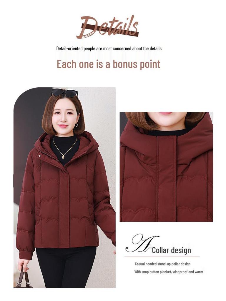 Damska 2024 Zimowa Krótka Kurtka Puchowa z Kapturem - Petite, Pogrubiona, Ciepła Kurtka z Puchu Białej Kaczki dla Matek w Średnim Wieku