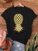 Upside- Golden Shiny Pineapple Print T-shirt, Short-sleeved Round-neck Casual Top, Suitable for Summ