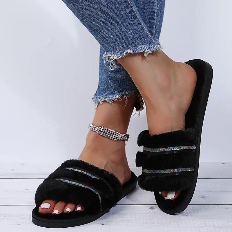 Fashion Stylish Sequins Decor Slippers for Women House Furry Flat Slippers Woman Indoor Non Slip Wear-Resistant Sandals Female