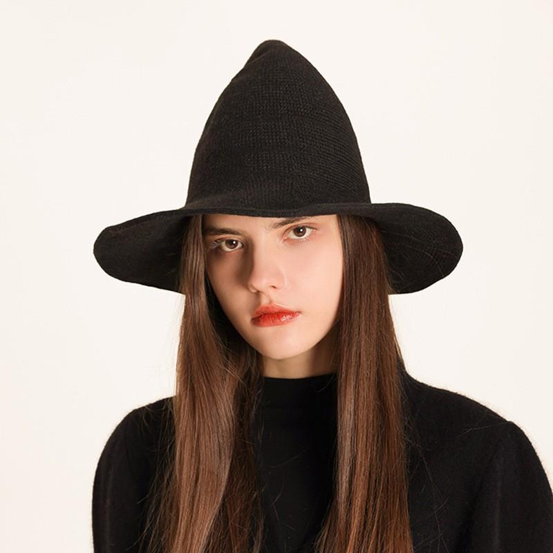 Faltbarer Strick-Hexenhut Halloween Kostüm Party Kegelspitze Breiter Rand Damen Accessoire In Mehreren Farben