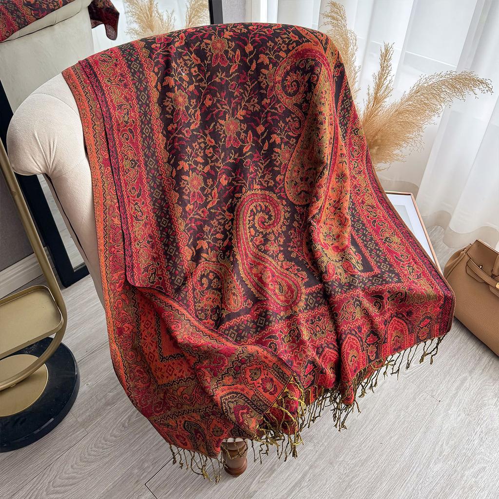 National Style Popular Cashew Print Hanging Beard Fringed Long Scarf Women's National Style Imitation Cashmere Scarf Elegant Shawl