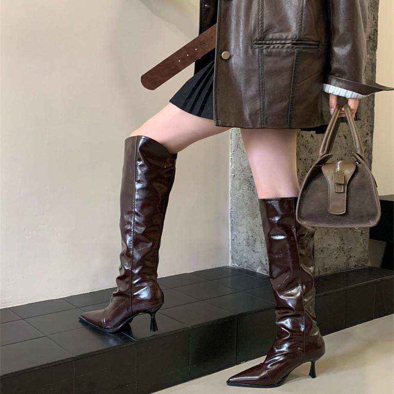 2025 autumn and winter new pleated design black leather boots wear soft leather thin knight boots women
