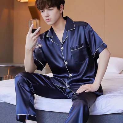 2Pcs/Set Men Pajamas Set Lapel Short Sleeve Buttons Placket Shirt Elastic Waist Wide