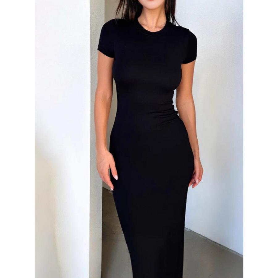 Women's Spring Summer Imported Solid Bodycon Chic Slim Fit Short Sleeve Fashion Dress