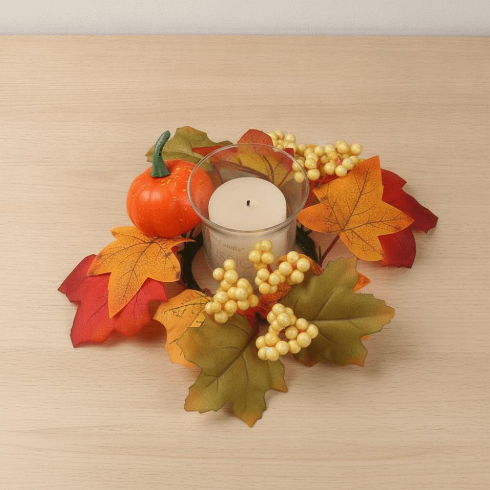 Artificial Candle Ring Wreath Handmade Maple Pumpkin Wreath Autumn Floral Garland Table Decor
